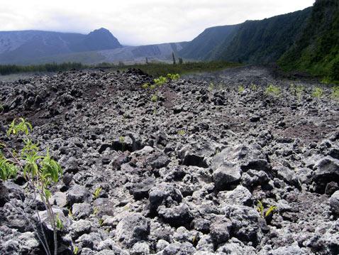 Le Piton de la Fournaise et les paysages dévastés par les coulées de lave du volcan 